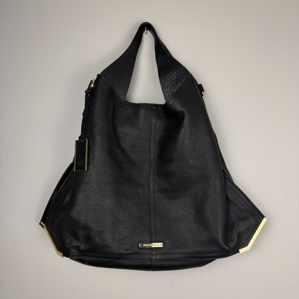 Vince Camuto Hobo Shoulder Bag Womens Black Pebbled Leather Gold Hardware Detail